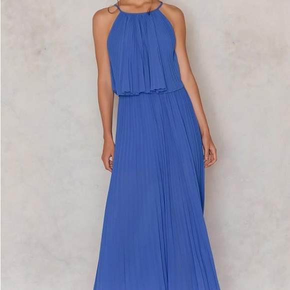 Women's Line & Dot Long Amelie Pleat Chiffon Dress Formal Maxi Azure Blue Small - Picture 6 of 15